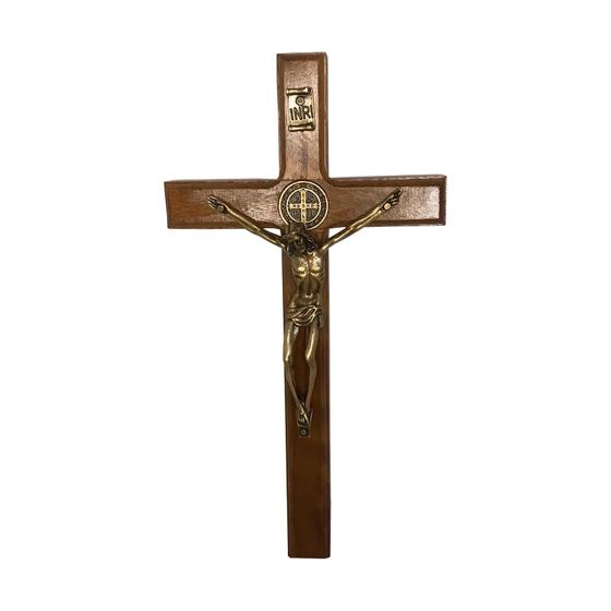 Imagem de Crucifixo Para Parede Em Madeira C/ Medalha De São Bento Em Metal Nas Cores Ouro e Onix De 19cm
