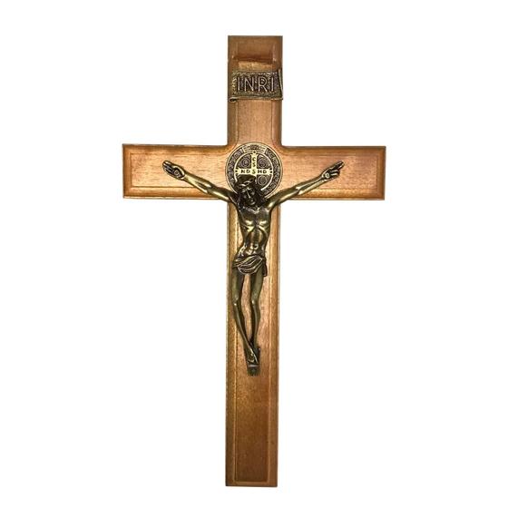 Imagem de Crucifixo Para Parede Em Madeira Com Medalha De São Bento Em Metal Nas Cores Ouro/Prata/Onix 26cm