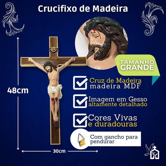 Imagem de Crucifixo Para Parede Quarto Sala Cruz Madeira 48cm