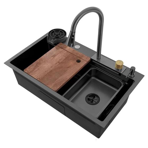 Imagem de Cuba Cascata Cozinha Premium Pia Luxo Torneira Lavador de Copos Dispenser Dosador Aço inox Bancada Goumert Churrasqueira Cozinha Casa