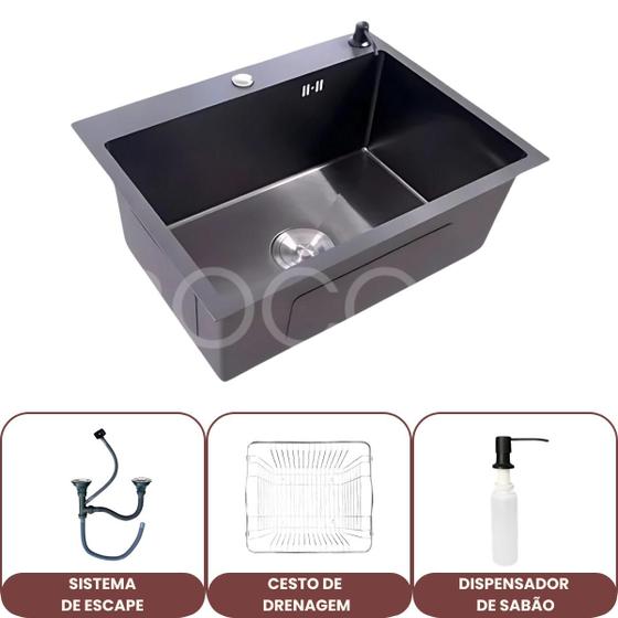 Imagem de Cuba Cozinha Gourmet 60x45cm Luxo Inox 304 Com Acessórios Cesto Dosador Sabão Válvula