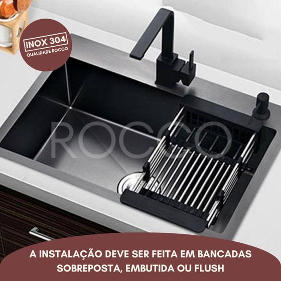 Imagem de Cuba Cozinha Gourmet 60x45cm Luxo Inox 304 Com Acessórios Cesto Dosador Sabão Válvula