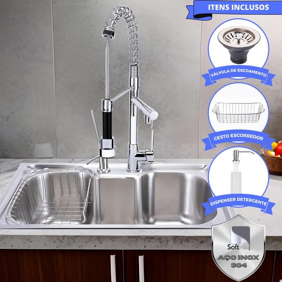 Imagem de Cuba Cozinha Gourmet Inox Com Torneira 2 Saídas Extensível e Acessorios Soft 60x40