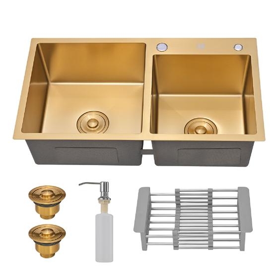 Imagem de Cuba Cozinha Gourmet Pia Aço Inox Dupla Quadrada Dourado Gold