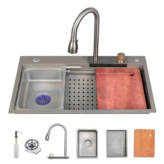 Imagem de Cuba cozinha gourmet premium cascata com torneira lavador copos  aço inox 201 grafite