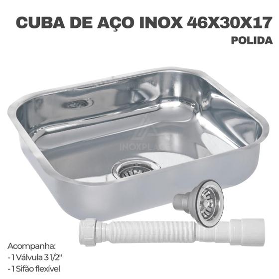 Imagem de Cuba de Aço Inox Medida 46x30x17 Polida com Válvula 3 1/2 e Sifão