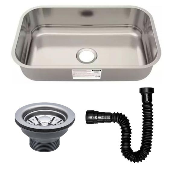 Imagem de Cuba de Embutir Inox 47x30x14 Aço 304 com Válvula Sifão e Silicone PU