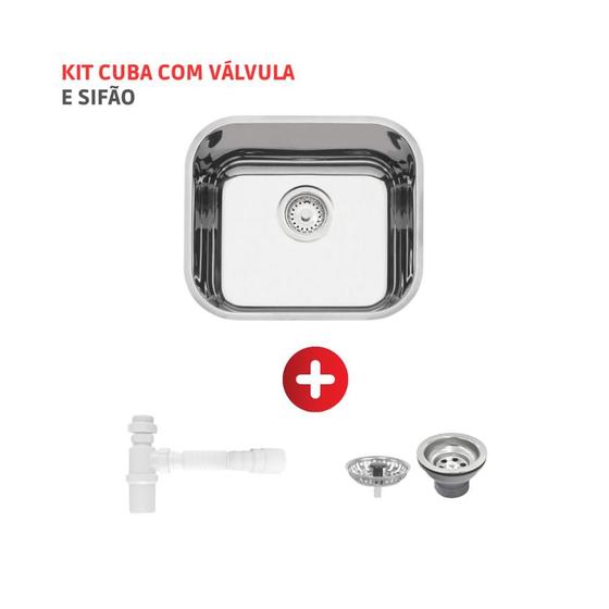 Imagem de Cuba De Inox Lavínia 40x34x14 3.1/2' Com Válvula 94050/407 Polida Tramontina com Sifão Universal Com Copo