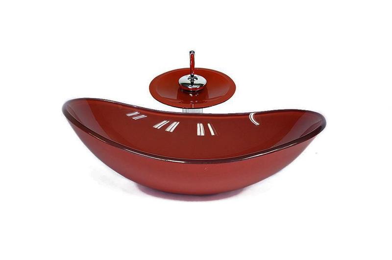 Imagem de Cuba De Vidro Oval 55Cm Vermelho Cereja + Válvula + Torneira