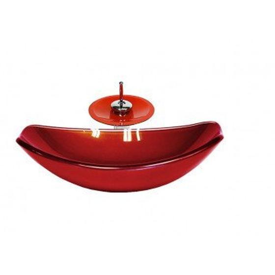 Imagem de Cuba de Vidro Oval Chanfrada 51cm com Válvula Clicke Torneira Metal Vermelho Cereja