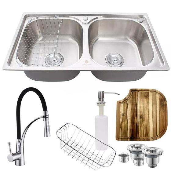 Imagem de Cuba dupla aço inox 304 + tábua e torneira flexível preta