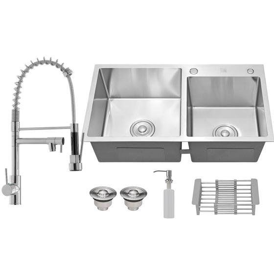 Imagem de Cuba Dupla Aço Inox Torneira Flexível Gourmet Cozinha Prata