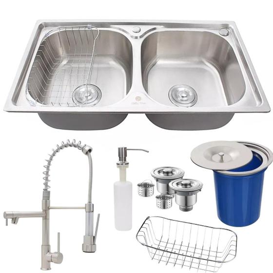 Imagem de Cuba dupla aço inox304 + torneira gourmet escovada e lixeira