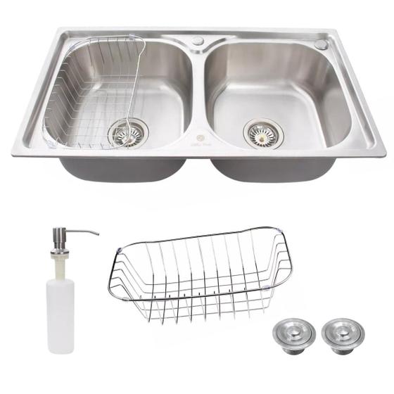 Imagem de Cuba dupla cozinha gourmet 78x43cm aço inox 304 e acessórios