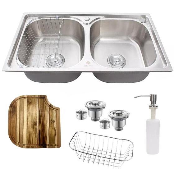 Imagem de Cuba Dupla Cozinha Gourmet Inox 304 + Kit Com Tábua De Corte