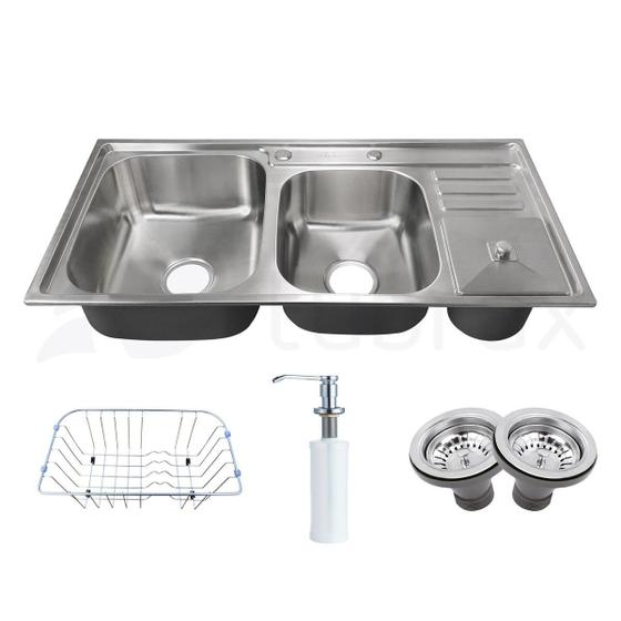Cuba dupla de cozinha produzida em aço inox 304 com kit - cac0008-c Menor preço em Cuba dupla de cozinha produzida em aço inox 304 com kit - cac0008-c
