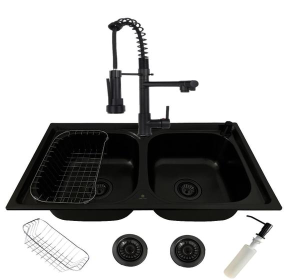 Imagem de Cuba Dupla Gourmet Cozinha Aço Inox 78X43 Preta E Torneira