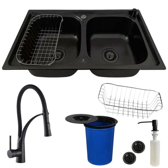 Imagem de Cuba Dupla Inox Black COM Torneira Flexível Preta E LIXEIRA