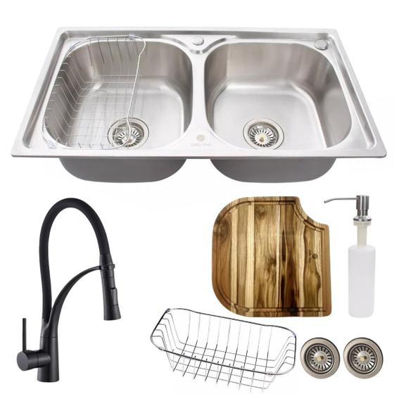 Imagem de Cuba dupla inox escovado com torneira flexível preta e tábua