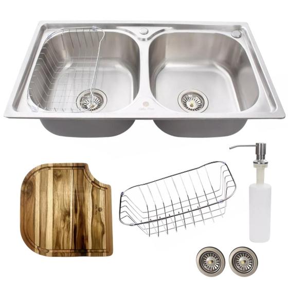 Imagem de Cuba dupla inox escovado cozinha gourmet com tábua de corte