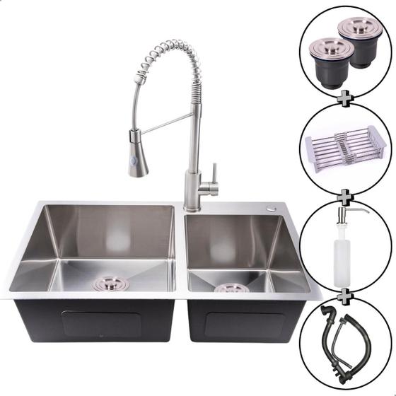 Imagem de Cuba Dupla Pia Cozinha Escovada Inox com Torneira Monocomando 1 Saída
