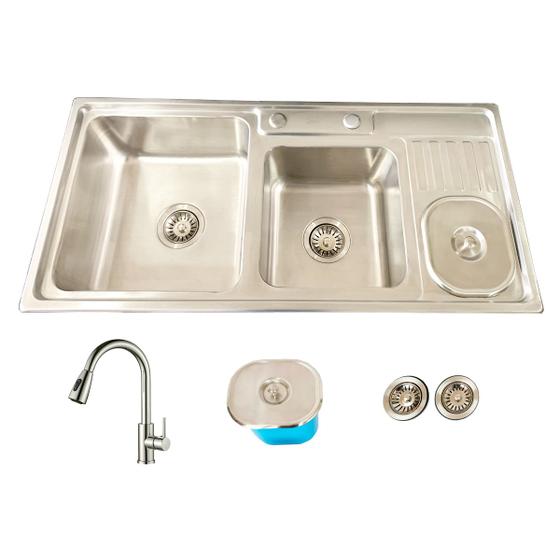 Imagem de Cuba Dupla Pro Inox E Torneira Clean Escovada c/ Lixeira