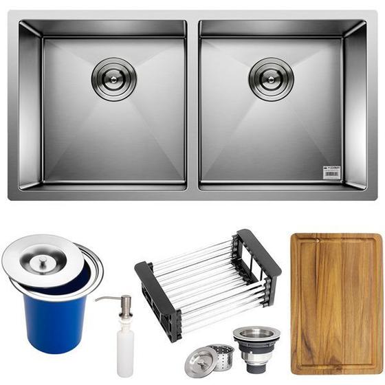 Imagem de Cuba Dupla Quadrada Inox 304 Cozinha Pia Embutir  Gourmet 88x40 Premium  Lixeira Embutir 5L, Tábua Multiuso e Acessórios