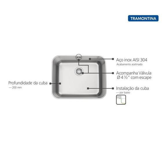 Imagem de Cuba Embutir Tramontina Dora 50 BL R6 Inox Válvula 50x40 cm