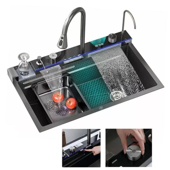 Imagem de Cuba Gourmet Inox Premium Pia Cozinha Torneira Mangueira Cascata Agua Quente Fria Painel Monocomando Dispenser Dosador Limpador de Copo Luxo Area Exte