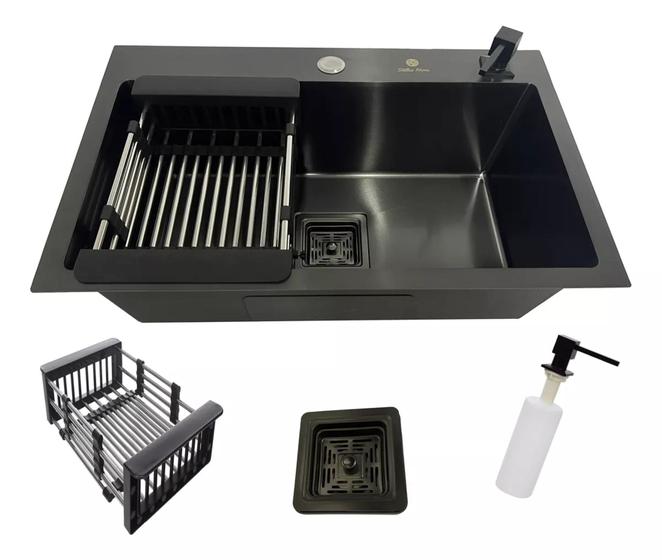 Imagem de Cuba gourmet quadrada 60x40 preta aço inox 304 com acessórios