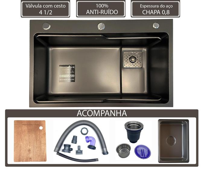 Imagem de Cuba gourmet quadrada preta para cozinha chapa 0,8 com acessórios 680x460x220MM