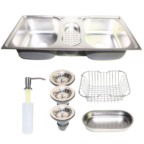 Imagem de Cuba Gourmet Tripla Inox 201 Bancada Cozinha Pia Embutir ou Sobrepor Com Acessórios