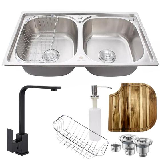 Imagem de Cuba inox 304 dupla com torneira monocomando black e tábua