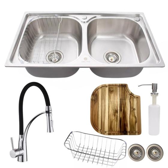 Imagem de Cuba inox dupla escovada com torneira flexível preta e tábua