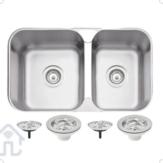 Imagem de Cuba Inox Dupla Tramontina Cozinha 69x40 Isis 2C Acetinada Válvula 4 1/2 Luxo