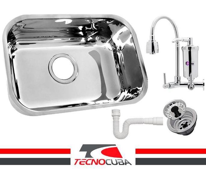 Imagem de Cuba Inox N2 Alto Brilho 56x34x17 - Válvula E Sifão + torneira gourmet com filtro/ prata - PAREDE - Dazie