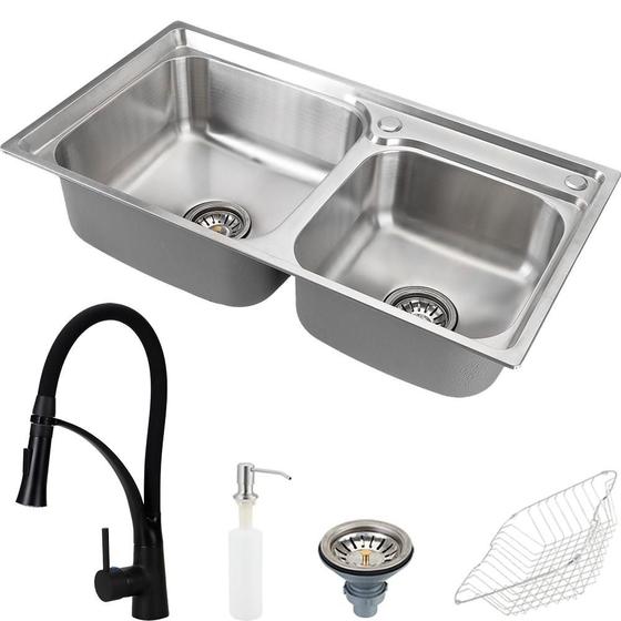 Imagem de Cuba para cozinha pia dupla com acessórios Torneira monocomando gourmet Solimões Matt Pingoo.casa