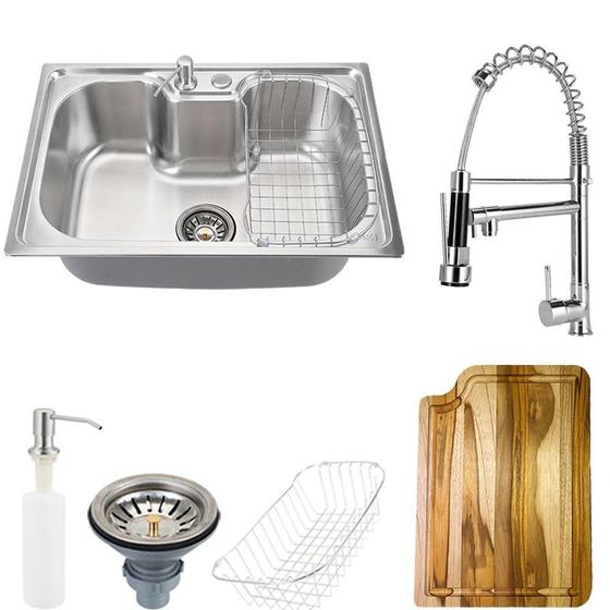 Imagem de Cuba para Cozinha pia inox Com Acessórios e tábua Carajás e Torneira gourmet monocomando munim PIngoo.casa