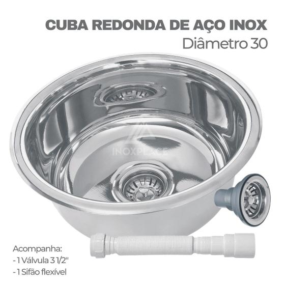 Imagem de Cuba Redonda de Aço Inox Diametro 30 Aço Inox 430  com Valvula 3 1/2 e Sifão