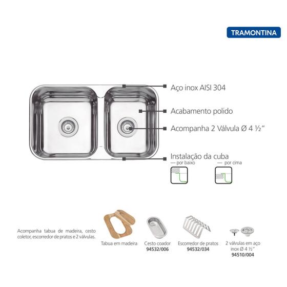Cuba Tramontina Isis 2C 34 28 BS em Aço Inox com Acabamento Polido com 2 Válvulas, Cesto Coador, Tábua e Escorredor de P Menor preço em Cuba Tramontina Isis 2C 34 28 BS em Aço Inox com Acabamento Polido com 2 Válvulas, Cesto Coador, Tábua e Escorredor de P