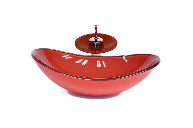 Imagem de Cuba Vidro Oval 55Cm Vermelho Ferrari + Válvula + Torneira