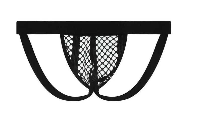 Imagem de Cueca jockstrap sexy suporte atletico com faixa aberta tecido arrastao furadinho sem forro