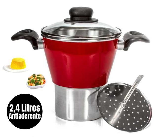 Imagem de Cuscuzeiro Cuscuzeira Panela Para Cuscuz e Legumes a Vapor de Alumínio Com Tampa de Vidro 2,4 Litro