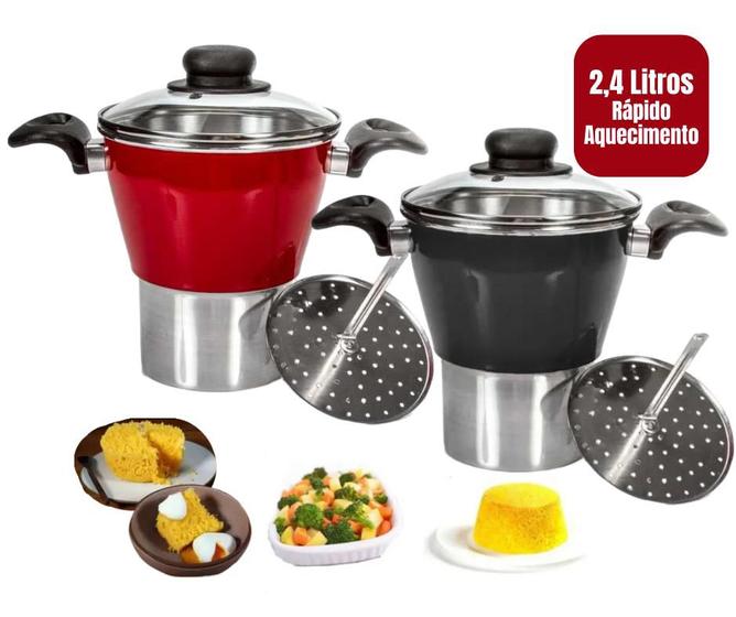 Imagem de  Cuscuzeiro Cuscuzeira Panela Para Cuscuz e Legumes a Vapor de Alumínio Com Tampa de Vidro 2,4 Litro