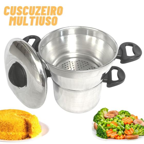 Imagem de Cuscuzeiro multiuso 3 em 1 panela para cuscuz legumes verduras alimentos a vapor e escorredor 18 ou 20