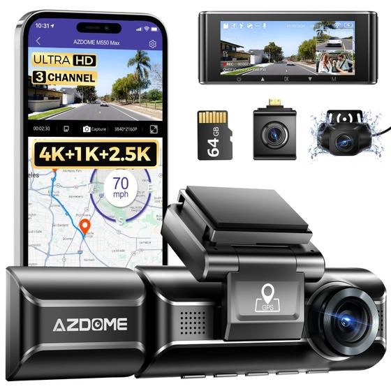 Dash Cam AZDOME M550 Max 4K+1080P+2.5K de 3 canais com GPS de 64 GB Menor preço em Dash Cam AZDOME M550 Max 4K+1080P+2.5K de 3 canais com GPS de 64 GB