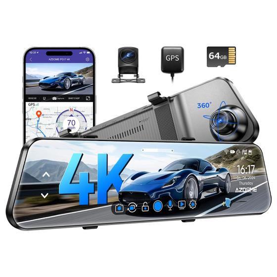 Imagem de Dash Cam AZDOME PG17 4K - Espelho com Câmera Traseira e WiFi