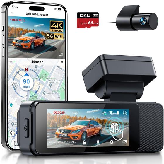 Imagem de Dash Cam GKU D700 Touch 4K+1080P frontal e traseira com GPS WiFi