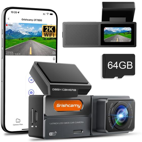 Imagem de Dash Cam Grishcamy K01 WiFi 2K QHD com cartão SD de 64 GB para carros