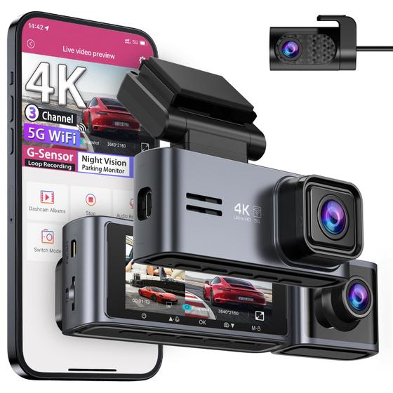 Imagem de Dash Cam OMBAR 5G WiFi GPS - 3 Canais 2K+1080P+1080P com 64GB